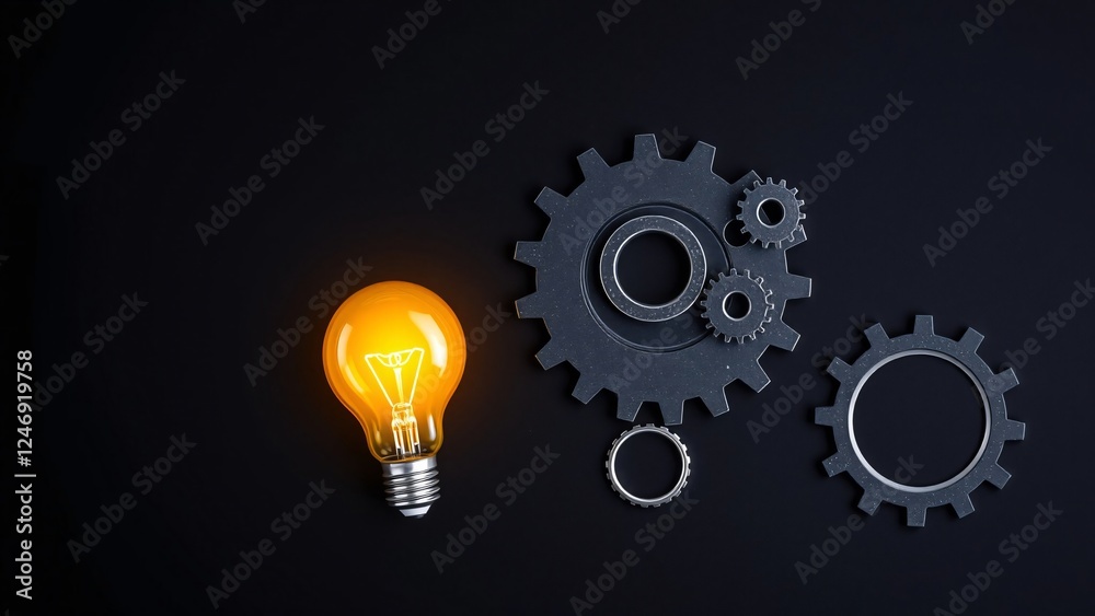 Illuminated Idea Glowing Light Bulb and Interlocking Gears on Dark Background