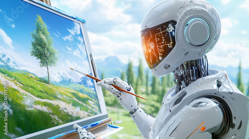 A humanoid robot is focused on painting a vibrant landscape feat photo