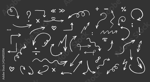 Arrow Crayon scribble set. Sketch line crayon texture. Arrow chalk element line highlight. Vector illustration 