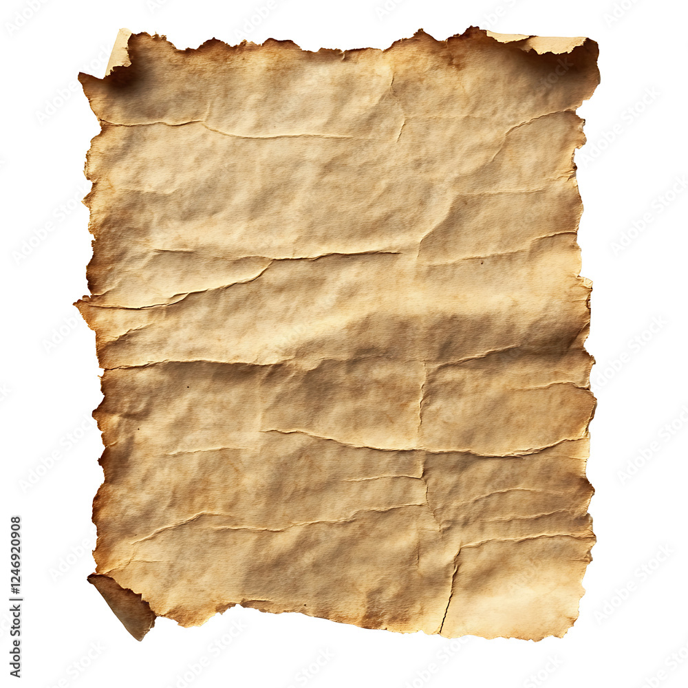 Fototapeta premium Old parchment paper with rough, torn edges, giving it a vintage and worn look. Isolated on transparent background. PNG file
