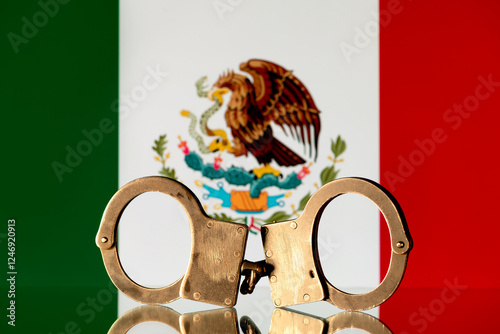 Steel handcuffs on the background of the flag of Mexico