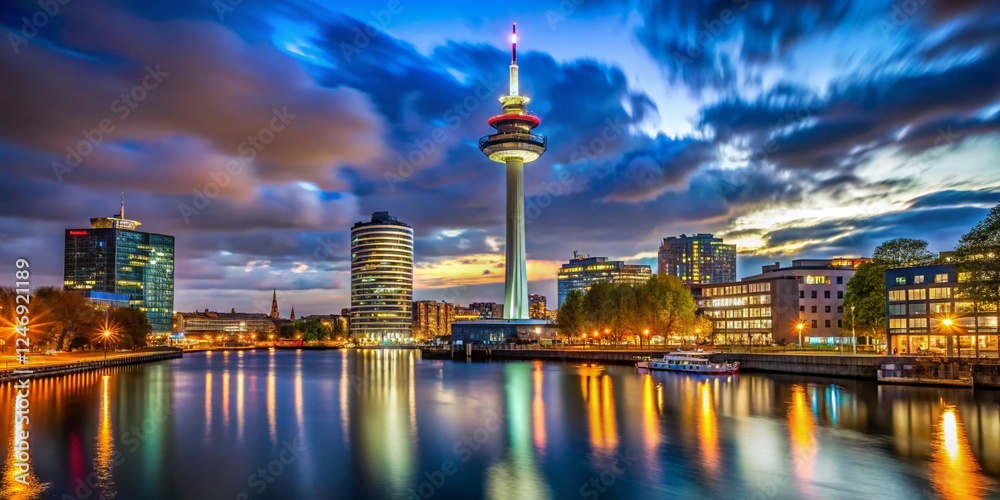 Fototapeta premium Night View of Euromast Tower, Rotterdam, Netherlands
