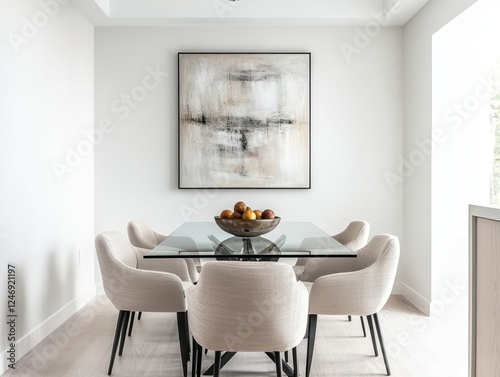 A white dining room with a large framed painting on the wall