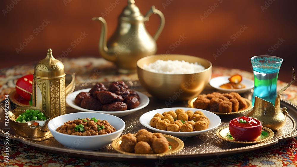 Fototapeta premium Hearty food, thirst-quenching sherbets and drinks, offering a taste feast specially designed for Ramadan