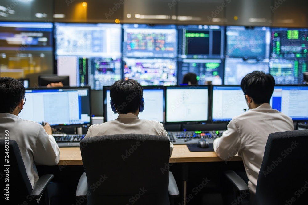 A team of IT specialists in a control room . A team of IT specialists in a control room .