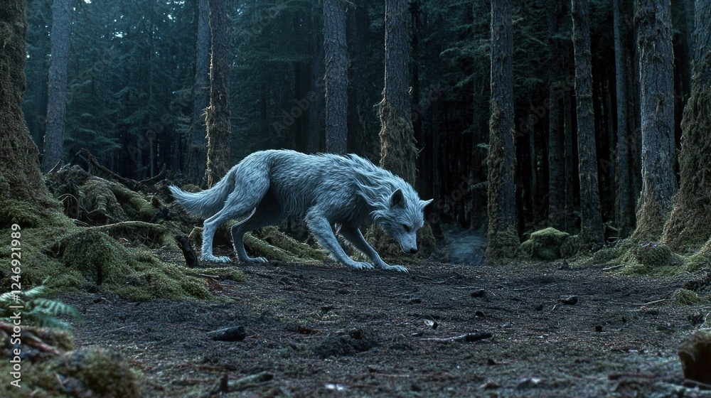 Majestic Arctic Wolf Prowling through an Enchanting Forest Majestic Arctic Wolf Prowling through an Enchanting Forest