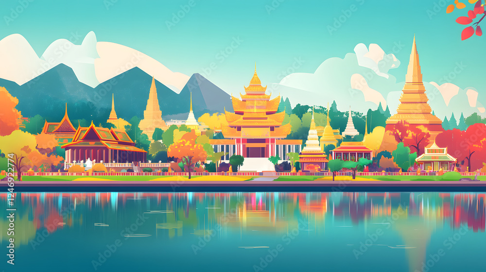 Naklejka premium A colorful and serene digital illustration of traditional Thai temples surrounded by lush foliage and reflected in a tranquil lake, capturing the essence of Songkran Festival and travel