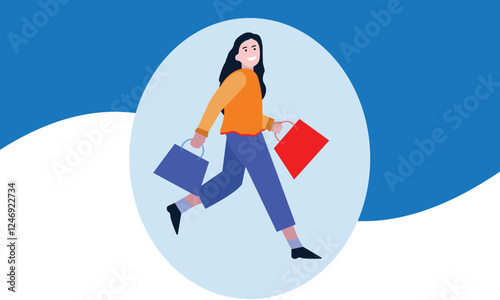 Vector illustration of a girl walking with shopping, in a minimalist flat style