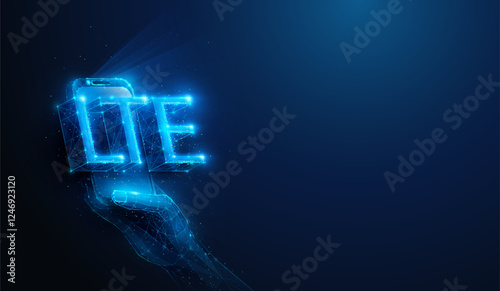 Lowpoly LTE Mobile Network Smartphone in Hand. Abstract geometric 3D abbreviation illustration on innovation wireless communication technology hardware concept by wireframe mesh on blue background
