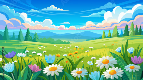 Beautiful field meadow flowers chamomile, blue sky with clouds, nature landscape