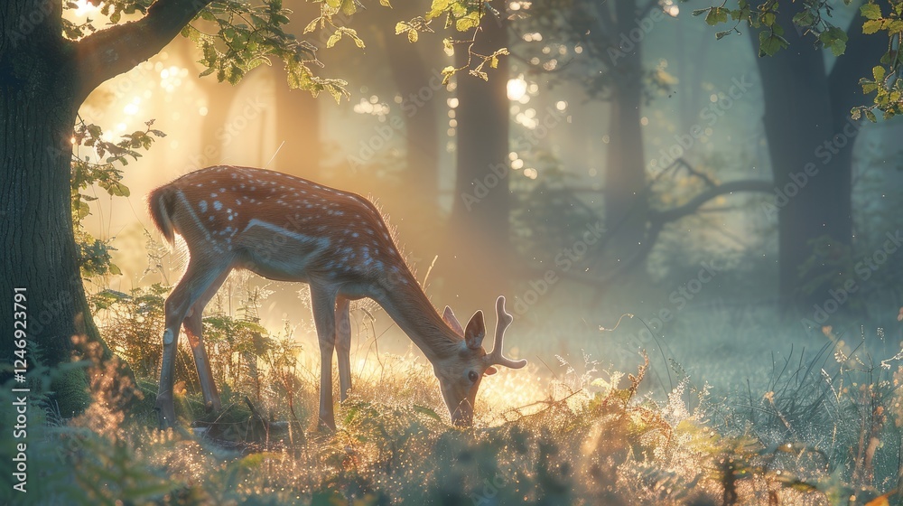 Fototapeta premium A serene scene of a deer grazing in a peaceful forest with golden sunlight streaming through the trees on a misty morning.