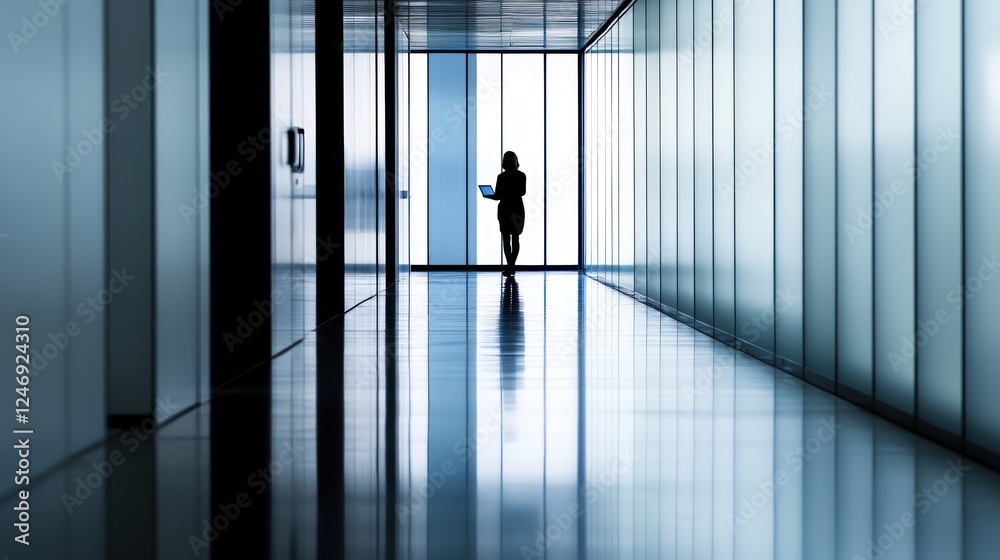 Solitary Figure in Modern Office Corridor: A Study in Corporate Solitude Solitary Figure in Modern Office Corridor: A Study in Corporate Solitude
