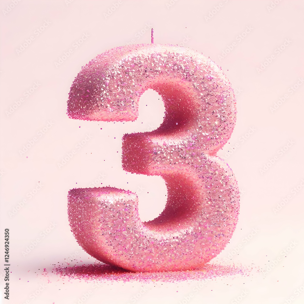 pink candle number 3 in glitter texture isolated on white background pink candle number 3 in glitter texture isolated on white background