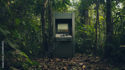 mysterious atm hidden in a lush green forest