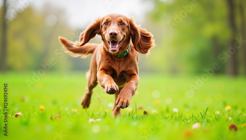 rish Setter dog running joyfully in a green field for St. Patrick's Day celebration
 photo