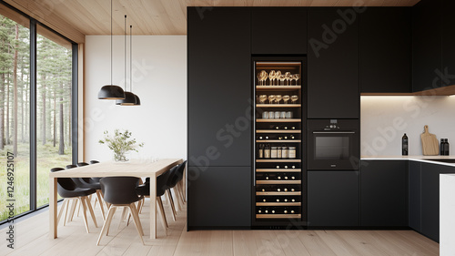 Modern kitchen with wine cooler and dining area, featuring sleek black cabinetry, wooden accents, and serene forest view. perfect blend of style and functionality