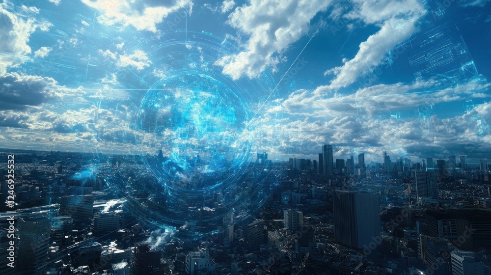 Naklejka premium Global Network Skyline: A Futuristic Cityscape