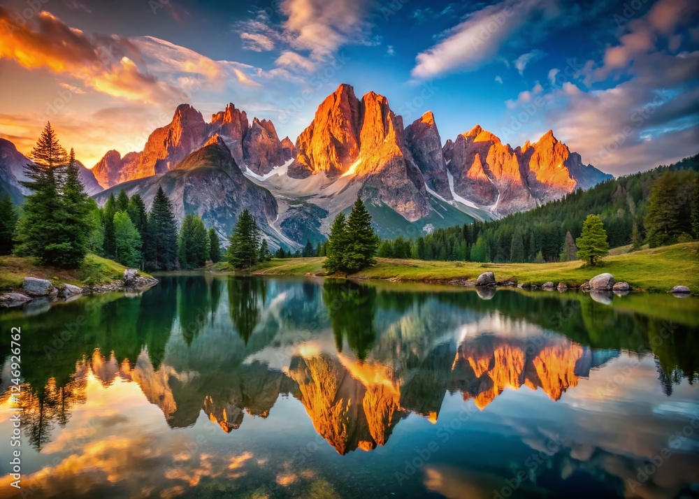 Fototapeta premium Pale di San Martino Mountain Reflection in Calm Lake - Stunning Dolomites Scenery
