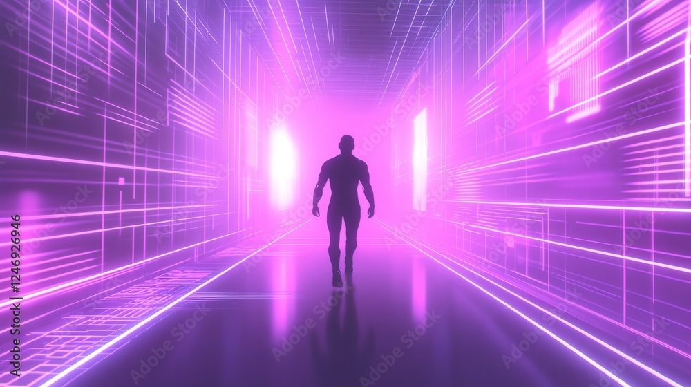 Silhouette walking through a digital portal. Silhouette walking through a digital portal.