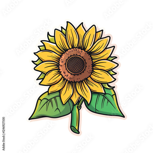 Vibrant Sunflower Illustration Sticker Design: Hand-Drawn Style, Yellow Petals, Green Leaves, Botanical Art Print