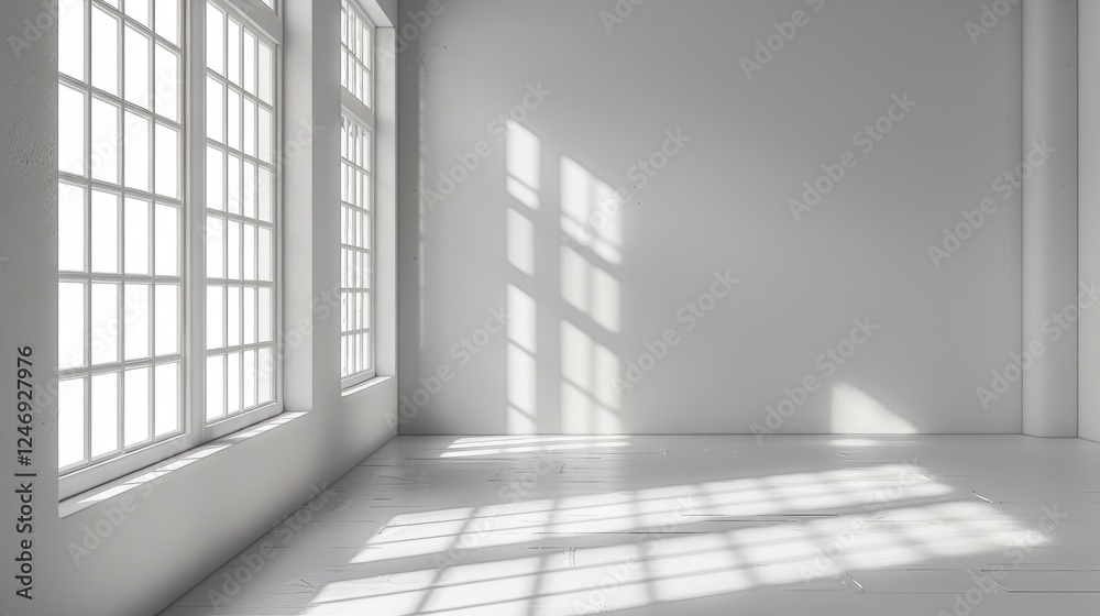 Bright empty room with large windows casting sunlight and shadows on the floor. Minimalist interior design ready for use. Bright empty room with large windows casting sunlight and shadows on the floor. Minimalist interior design ready for use.
