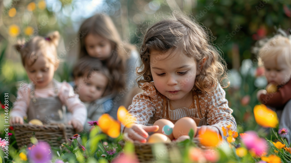 Fototapeta premium Children enjoying an outdoor Easter egg hunt in a blooming garden on a sunny day.