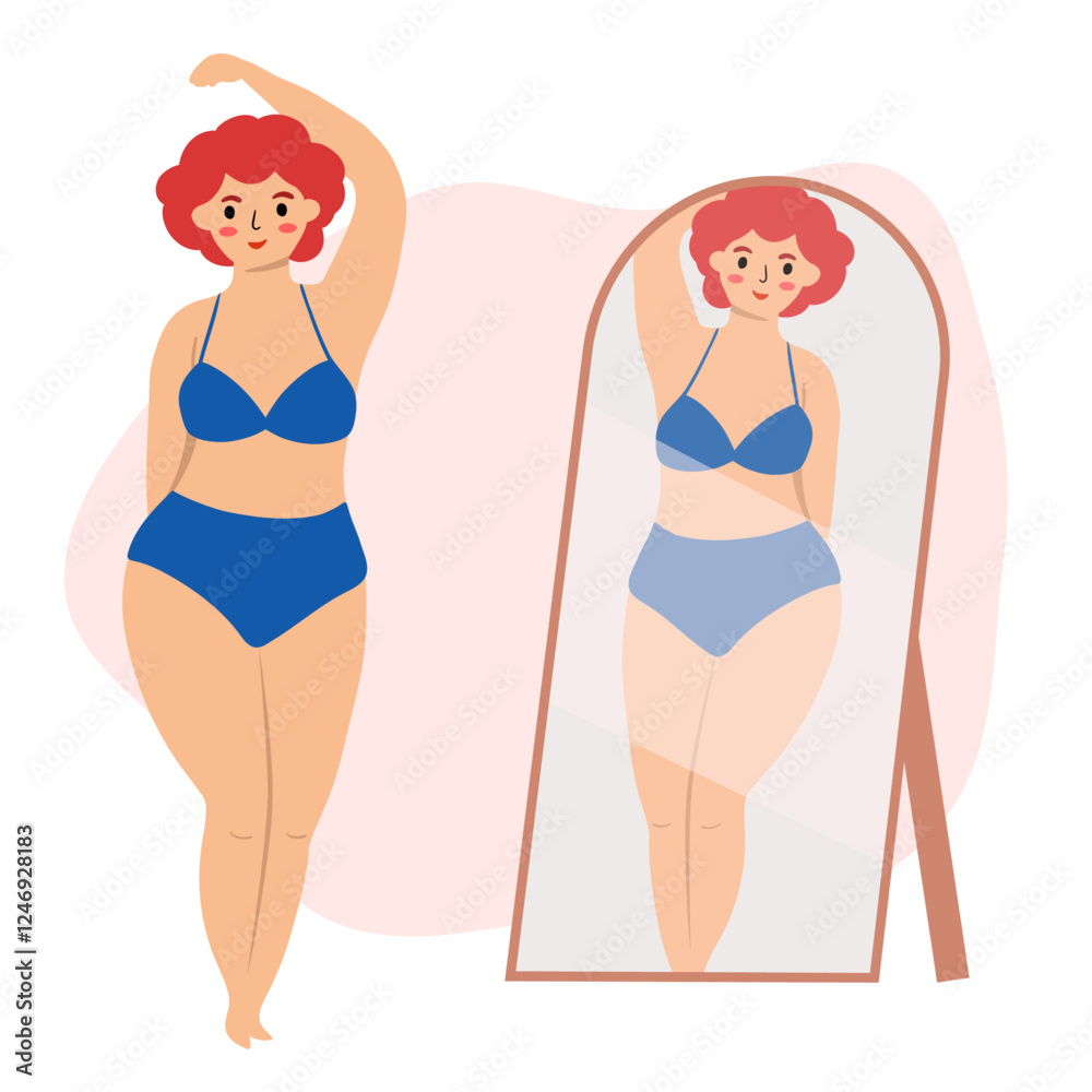 Beautiful woman bikini posing in front of the mirror. Body positive and love your body Beautiful woman bikini posing in front of the mirror. Body positive and love your body