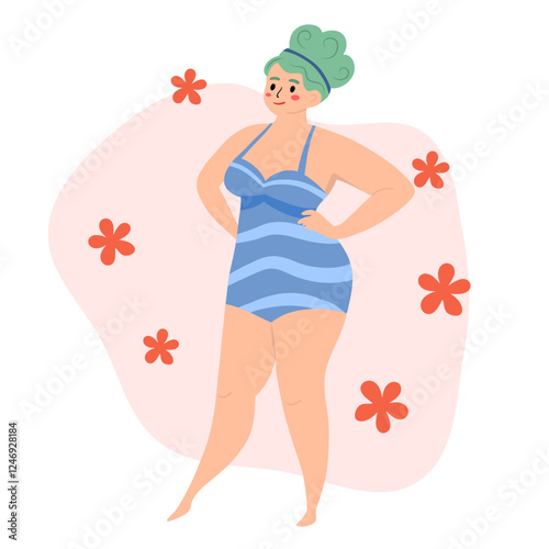 Beautiful woman bikini posing with flowers behinds. Body positive and love your body
