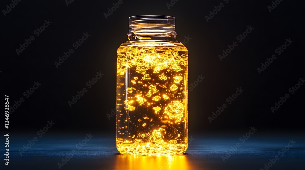 A transparent plastic bottle of facial toner with floating gold flakes, glowing softly against a black background. A transparent plastic bottle of facial toner with floating gold flakes, glowing softly against a black background.
