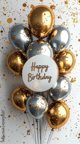 
Gel balloons with the inscription Happy Birthday. Balloons with glitter and sparkles postcard template. Festive composition of air gel balloons for a birthday.