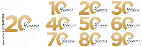set anniversary 10 to 90 year logo designs. abstract number, icon, vector illustration