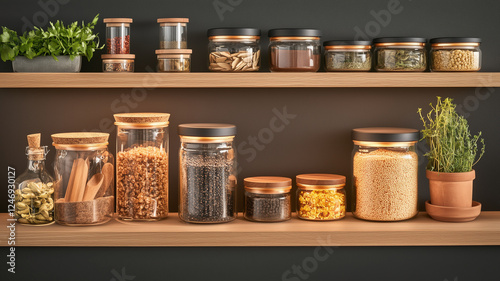 well organized kitchen shelf displays various jars filled with spices, grains, and herbs, creating warm and inviting atmosphere. wooden shelves contrast beautifully with dark wall, enhancing photo