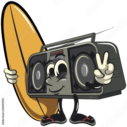 Cartoon retro groovy tape recorder boombox character with surfboard and gave a peace sign, isolated vector vintage, work of hand drawn