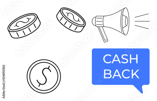 Coins, megaphone emitting lines, blue speech bubble with CASH BACK. Ideal for finance, marketing, rewards, savings, promotions customer incentives communication. Simple abstract line flat metaphor