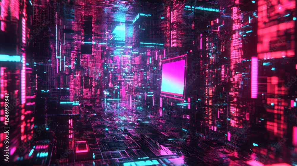 Neon Digital Cyberpunk Corridor: A Futuristic 3D Render Neon Digital Cyberpunk Corridor: A Futuristic 3D Render