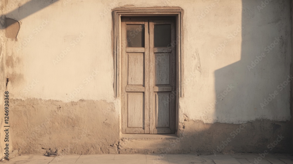 Old wooden door, rural building, sunset shadows, rustic background, architecture stock photo Old wooden door, rural building, sunset shadows, rustic background, architecture stock photo