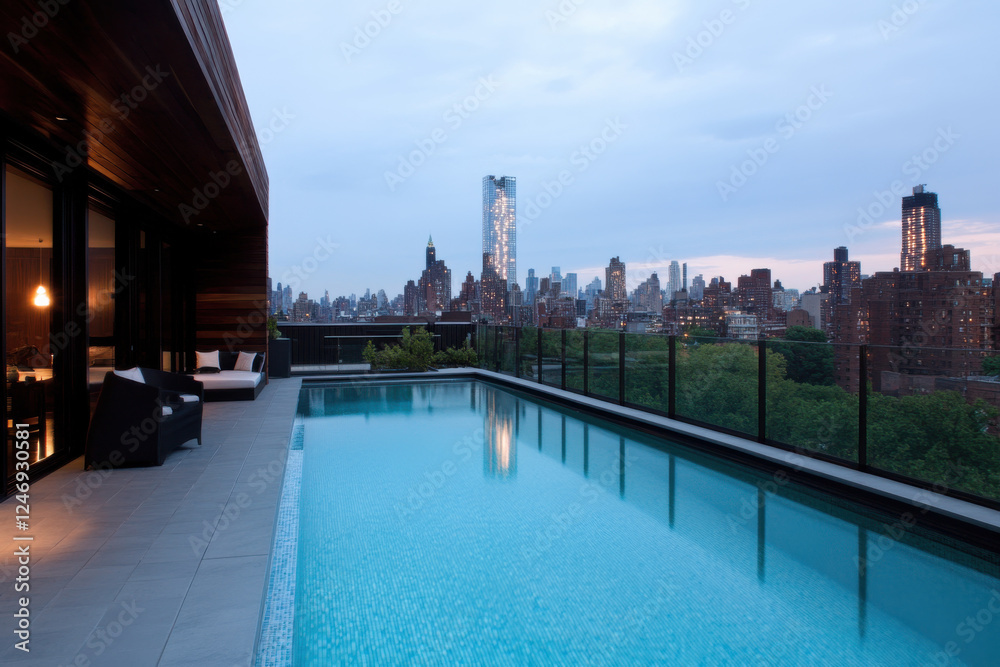 Fototapeta premium A large pool with a city skyline in the background