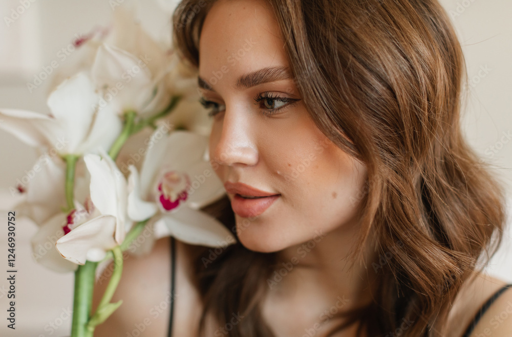 Close-up portrait of a beautiful young woman smelling white boat orchids Close-up portrait of a beautiful young woman smelling white boat orchids