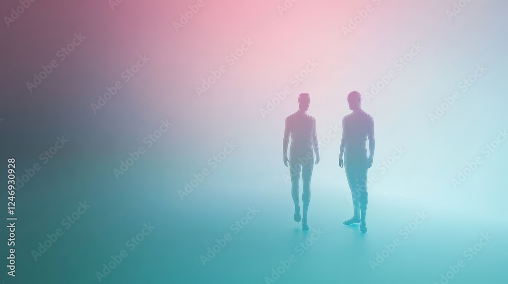 Silhouettes walking in a serene, foggy scene. Silhouettes walking in a serene, foggy scene.