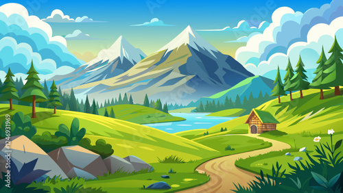 countryside landscape in mountains. grassy meadow on the hill. beautiful nature landscape. sunny summer day. clouds on the sky. travel back country