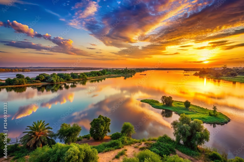 Obraz premium Panoramic Niger River Sunset in Niamey, Niger - Breathtaking African Landscape