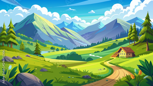 countryside landscape in mountains. grassy meadow on the hill. beautiful nature landscape. sunny summer day. clouds on the sky. travel back country