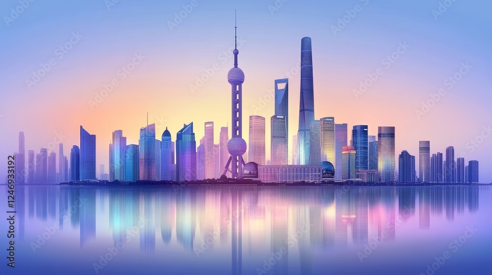 Obraz premium Stunning city skyline at sunset with reflections.