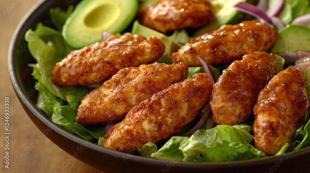 Spicy Chicken Tenders Salad with Avocado and Red Onion Spicy Chicken Tenders Salad with Avocado and Red Onion