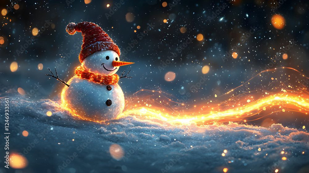 Obraz premium Festive Winter Wonderland: Whimsical Snowman Decoration with Glowing Lights, Warmth of Cheerful Celebration, Cozy Outdoor Scene and Sparkling Frosty Joy, Nature's Enchanting Magic