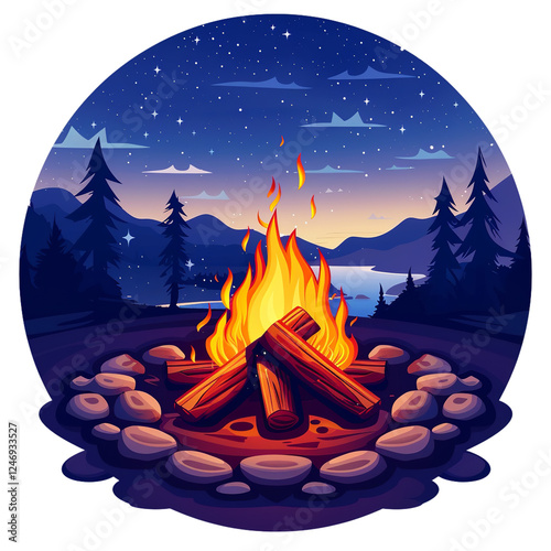 Campfire Night Scene Illustration Vector Graphic: Cozy Bonfire under Starry Sky, Mountains, and Lake