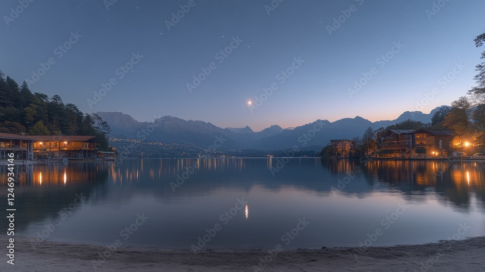 Serene lakeside village at twilight, mountain backdrop