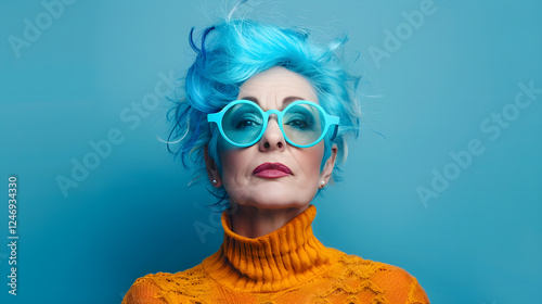 Portrait of senior lady in stylish glasses and orange sweater, with blue hair, bright makeup, posing on blue background, isolated with copy space. The concept of bright extravagant old age