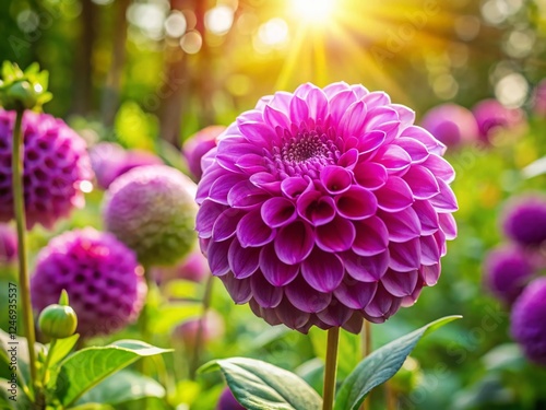 Panoramic View of a Vibrant Purple Ball Dahlia in a Summer Garden