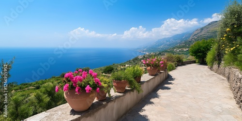 A beautiful view of the ocean with a path leading to it. The path is lined with potted plants and flowers, creating a serene and peaceful atmosphere